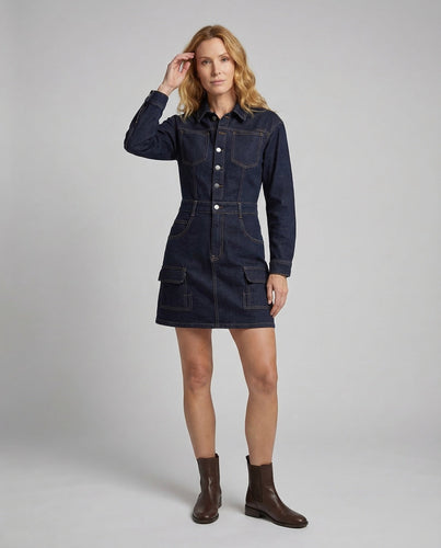 Women Utility Denim Dress Shirt Collar