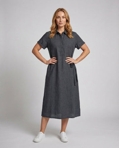 Women Shirt Collar Linen Dress Side Bow Tie