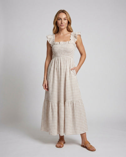 Women Checked Maxi Dress Smocked Bodice Ruffle Straps