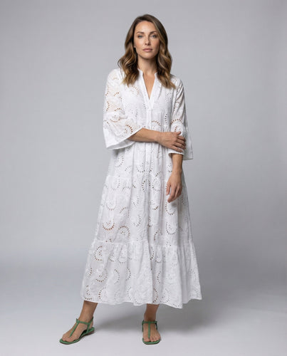 Women maxi dress openwork embroidery bell sleeves