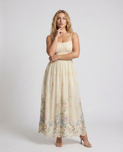 Women Tulle Maxi Dress Bodice Floral Embroidery