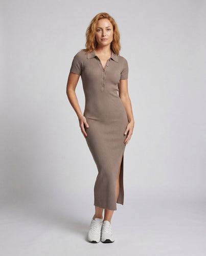 Women's Polo Collar Knitted Maxi Dress Button Placket Leg Slit