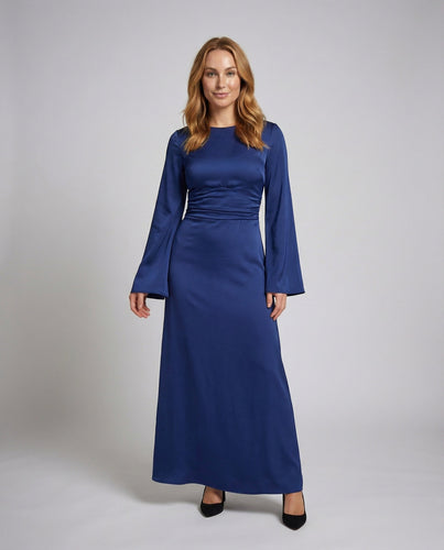Women Satin Evening Dress Long Bell Sleeves