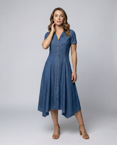 Women's Midi Dress Denim Look Flattering Darts