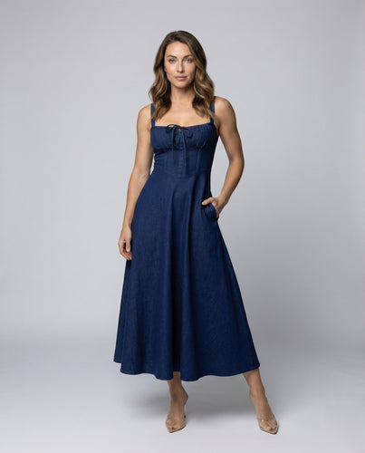 Women Denim Bustier Midi Dress Heart Neckline