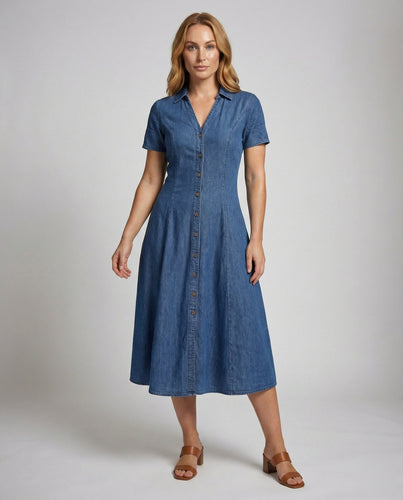 Women's Shirt Blouse Midi Dress Denim Look