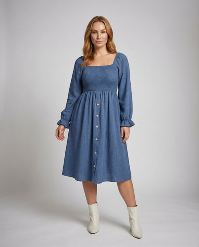 Women's midi dress with smocked bodice