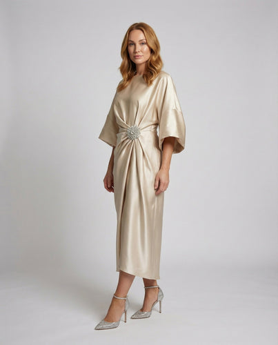 Women Satin Midi Dress with Kimono Sleeves
