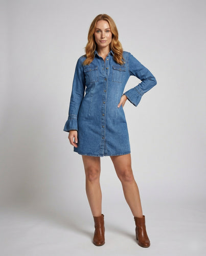 Women's Denim Shirt Dress Chest Pockets Flared Hem