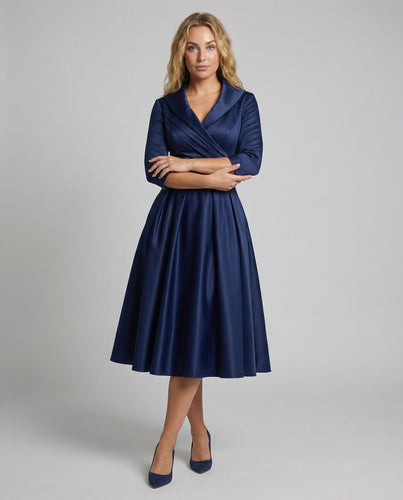 Women's satin midi dress wrap collar with pockets