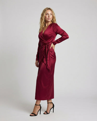 Women Satin Wrap Dress Side Bow Tie