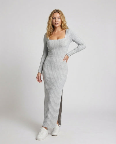 Ladies Ribbed Knit Maxi Dress Square Neck