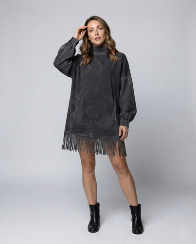 Women's Sweatshirt Mini Dress Fringes Stand-up Collar