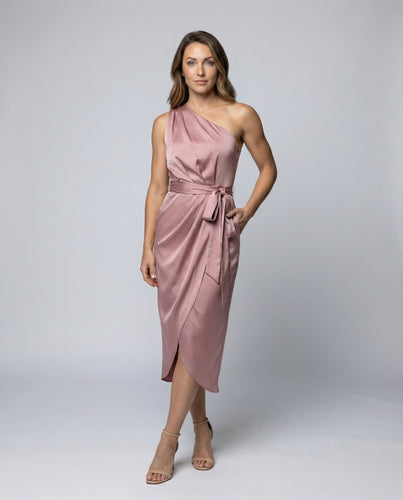 Ladies one-shoulder midi dress with wrap effect