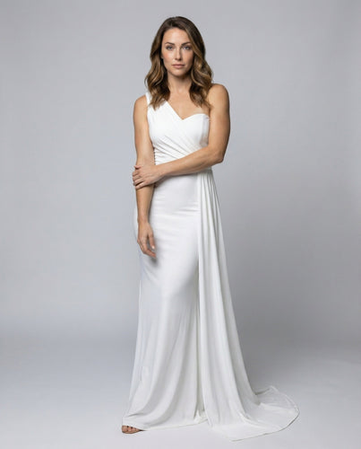 Women's one-shoulder evening dress with draped train