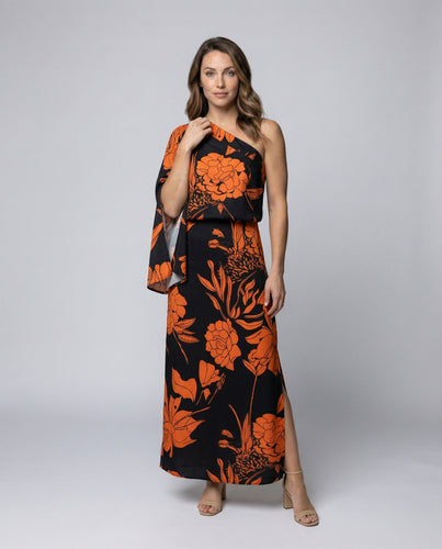Ladies one-shoulder maxi dress with cape sleeves