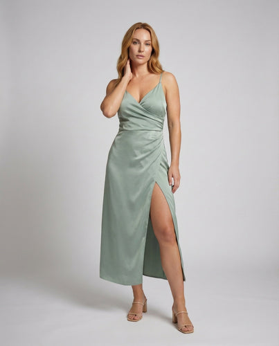 Women’s slit satin maxi dress with bustier draping