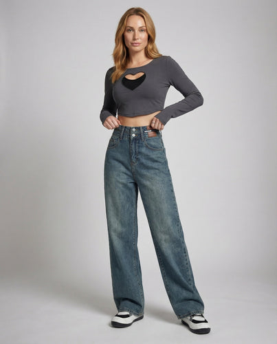 Women's wide-leg jeans with double button placket