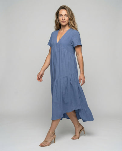 Women's airy midi dress with asymmetric tiered skirt