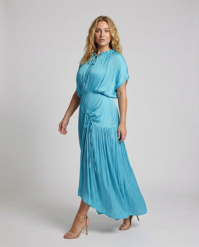Women pleated maxi dress with bat sleeves