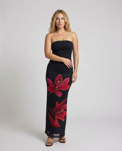 Women's Bandeau Column Maxi Dress with Floral Print