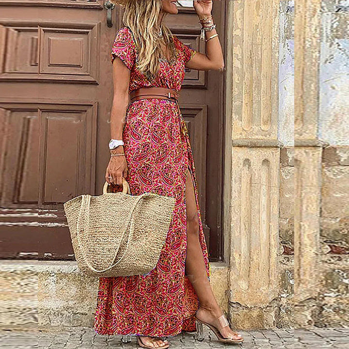 Women's Boho Maxi Dress with V-Neck and Front Split