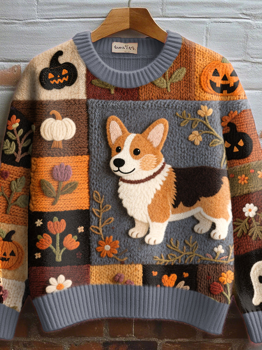Women's Pumpkin Dog Patchwork Sweater Round Neck
