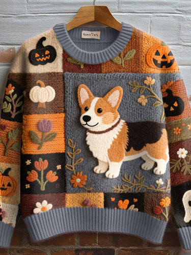 Women's Pumpkin Dog Patchwork Sweater Round Neck
