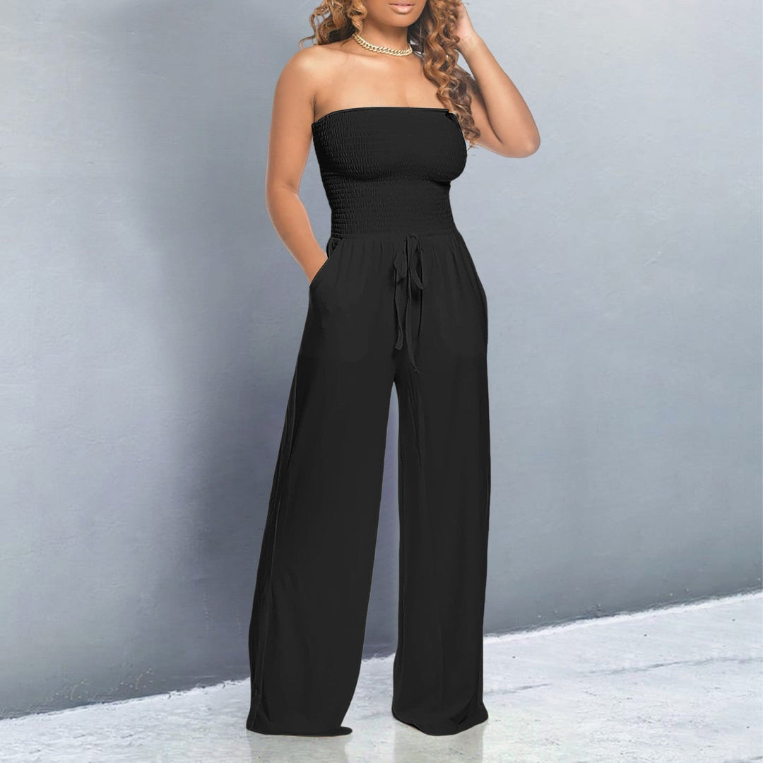 Women's Strapless Jumpsuit with Smocked Top and Wide Legs