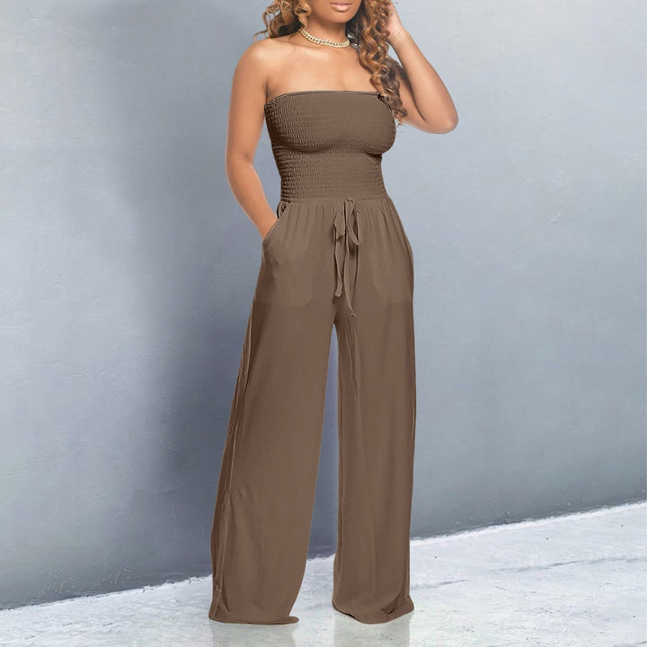 Women's Strapless Jumpsuit with Smocked Top and Wide Legs