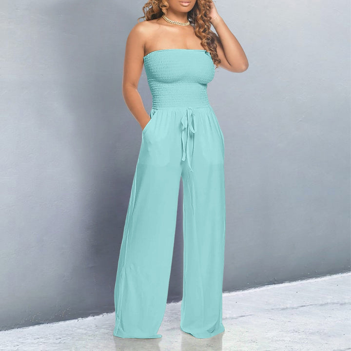 Women's Strapless Jumpsuit with Smocked Top and Wide Legs