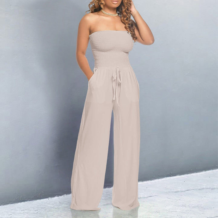 Women's Strapless Jumpsuit with Smocked Top and Wide Legs