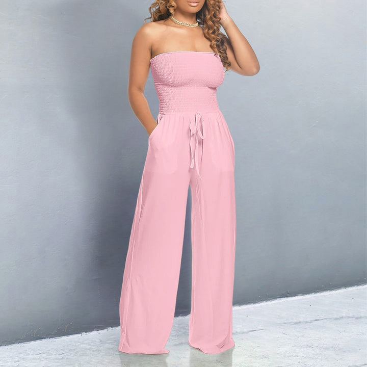 Women's Strapless Jumpsuit with Smocked Top and Wide Legs