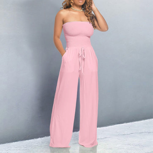 Women's Strapless Jumpsuit with Smocked Top and Wide Legs