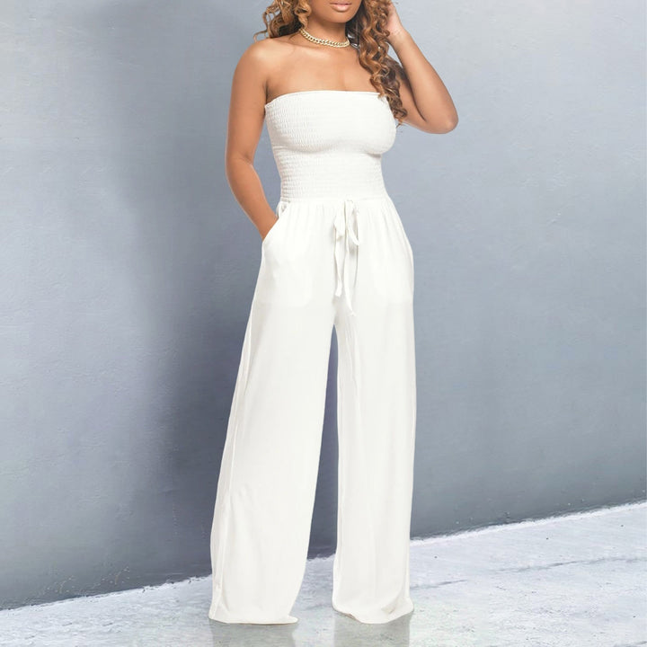Women's Strapless Jumpsuit with Smocked Top and Wide Legs