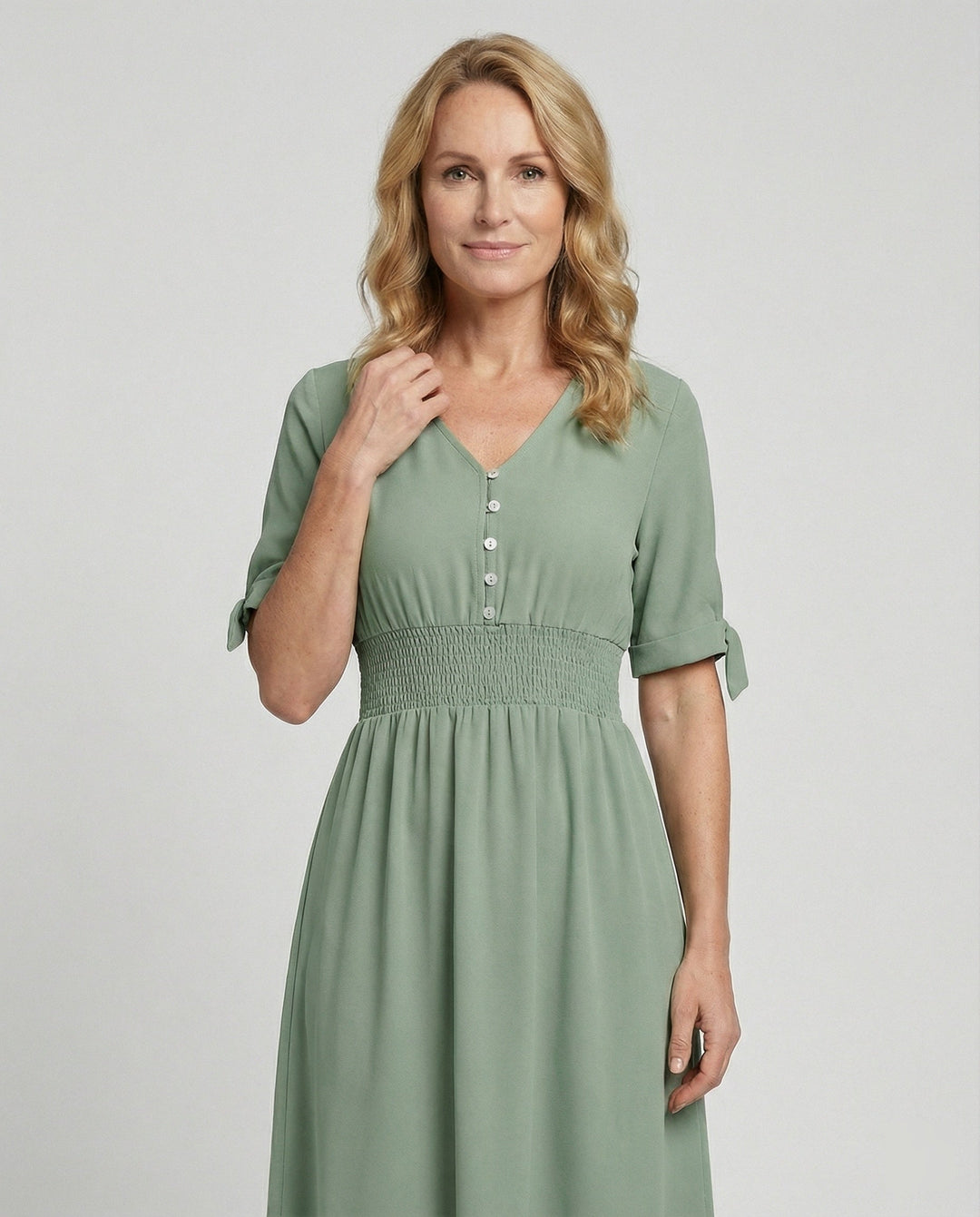 Women's midi dress with V-neck and button placket