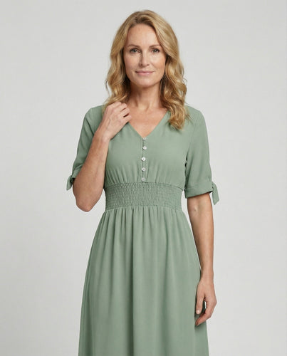Women's midi dress with V-neck and button placket