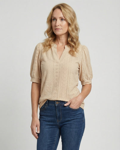 Ladies lace embroidery blouse top with puff sleeves